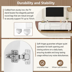ON-TREND Cream Style TV Stand With Arched Doors 2 Drawers For TVs Up To 75, Minimalist Media Console With Rebound Device, Entertainment Center With 5 Iron Round Legs For Living Room, Bedroom, White
