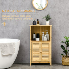Bamboo Floor Cabinet Bathroom Floor Cabinet Living Room Organizer Tower with Multiple Shelves and Doors, Natural