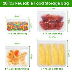 20Pcs Reusable Food Storage Bags 5 Sandwich Snack Gallon Quart Bag Leakproof BPA Free Food Container Freezer Safe Lunch Bag