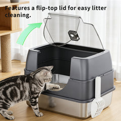 Dark Gray Top Entry Fully Enclosed Cat Litter Box, With Free Scoop & Litter Mat, Anti-Splash & Odor Locking, For Large Cats & Multi-Cat Households