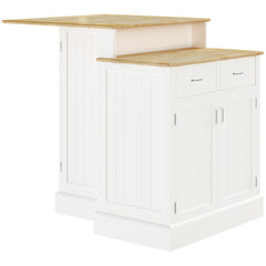 Kitchen Island with 2-Level Rubber Wood Tabletop, Island Table with Adjustable Shelves and Drawers, White