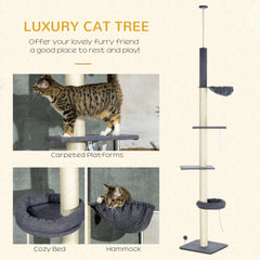 Floor To Ceiling Cat Tree, 5-Tier Cat Climbing Tower, 95''-106'' Height Adjustable with Carpeted Platforms, Cozy Bed, Hammock, Scratching Post & Toy Ball for Indoor Cats, Dark Gray and Cream