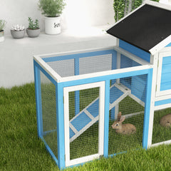 48" Wooden Rabbit Hutch Bunny Cage with Waterproof Asphalt Roof, Fun Outdoor Run, Removable Tray and Ramp, for Rabbits, Chickens, Ducks, Light Blue