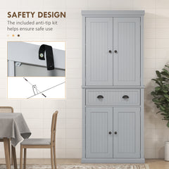 72" Traditional Kitchen Pantry Cabinet, Freestanding Tall Storage Cabinet with 4 Doors, Drawer and 3 Adjustable Shelves for Dining Room, Gray