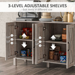 Sideboard Buffet with 4 Barn Doors and 2 Adjustable Shelves, Kitchen Buffet Cabinet for Living Room, Hallway, Gray