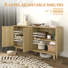 Fluted Sideboard Buffet Cabinet, 55" Coffee Bar Cabinet with 4 Doors, 2 Adjustable Shelves, 5 Wood Legs, Oak