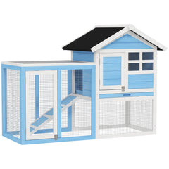 48" Wooden Rabbit Hutch Bunny Cage with Waterproof Asphalt Roof, Fun Outdoor Run, Removable Tray and Ramp, for Rabbits, Chickens, Ducks, Light Blue