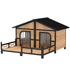 Dog House Outdoor, Wooden Dog Kennel Weatherproof With Porch, Openable Roof, Removable Bottom, Elevated Floor, Double Room For 2 Small To Medium Breeds, Natural
