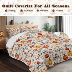 Pumpkin Autumn Leaves Print Quilt Set -1 Quilt, 2 Shams