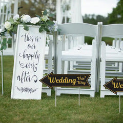 4 Pieces Wedding This Way Sign With Stake Black Golden Arrow Shaped Garden Signs Double Sided Corrugated Plastic Wedding Road Sign