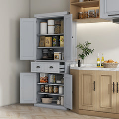 72" Traditional Kitchen Pantry Cabinet, Freestanding Tall Storage Cabinet with 4 Doors, Drawer and 3 Adjustable Shelves for Dining Room, Gray