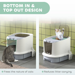Covered Cat Litter Box with Lid, Drawer, Scoop, Top Entry, Deodorizing Bags, Odor Control, Easy to Clean, Gray