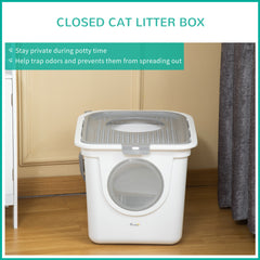 Covered Cat Litter Box, Easy Cleaning Kitty Litter Box with Front Entrance, Top Exit, Scoop, for Odor Control, White