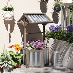 Wooden Wishing Well Planter, Raised Garden Bed With Galvanized Canopy, Hexagon Raised Flower Bed For Garden, Light Gray