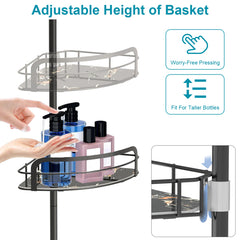 Corner Shower Caddy Tension Pole, Quick Setup, Rust-Free Bathroom Shower Organizer Corner For Bathtub Shampoo Storage, 4-Tier Adjustable Shelf, Drill Free, Fits 8.66 To 116 Inch Height, Black