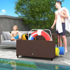 Rattan Pool Float Storage Organizer With Wheels, Brown