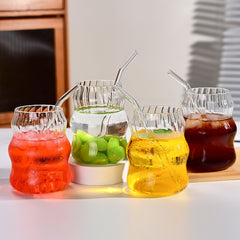 6 Pcs 19 Ounce Glass Straw Cup, Coffee Cup, Milk Cup, Juice Cup, Cold Drink Cup, Tea Cup, Water Cup, Office Cup, Striped Cloud Cup
