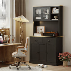 Freestanding Kitchen Cabinet, 71" Tall Pantry Cabinet, Modern Hutch with Wide Countertop, Adjustable Shelves, Black