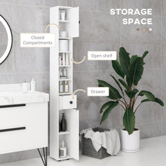 71" Small Bathroom Storage Cabinet, Narrow Toilet Paper Cabinet with Open Shelves, 2 Cabinets, Adjustable Shelves, White