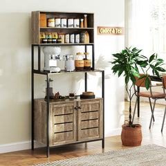 Baker's Rack with Power Outlet and Storage Shelves, Microwave Stand with Louvred Door Cabinets, Gray Wood Grain