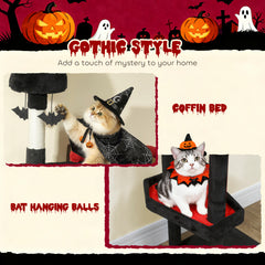 78" Gothic Cat Tree, Cat Tower with Coffin Bed, 2 Spacious Condos, Sisal Scratching Posts, Bat Hanging Balls, Halloween