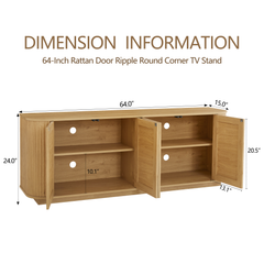 64-inch Wave Shaped TV Stand, Rounded Corner Sideboard, Storage Cabinet, Buffet, Wood Vertical Striped Cabinet With Rattan Doors For Kitchen Bedroom Entryway. Natural, 64W X 15D X 24H
