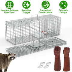 Humane Cat Trap Cage With Gloves Catch Release Live Animal Rodent Cage Collapsible Galvanized Wire For Raccoons Beavers Groundhogs Foxes Armadillos