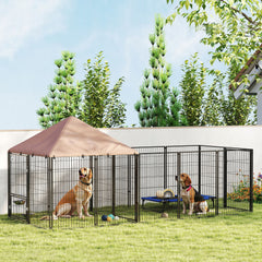 Large Outdoor Dog Kennel with Rotating & Adjustable Height Bowls, Waterproof & UV-Resistant Canopy, 11.3' x 4.7' x 5.1'