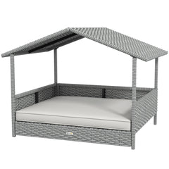 Wicker Dog House Outdoor with Canopy, Rattan Dog Bed with Water-resistant Cushion, Raised Pet Bed for Small, Medium Breeds up to 66 lbs, 20" in Length, Silver Wicker, White Cushion