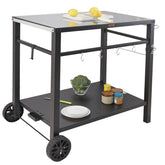 Outdoor Grill Dining Cart With Double-Shelf, BBQ Movable Food Prep Table, Multifunctional Iron Table Top, Portable Modular Carts For Pizza Oven, Worktable With 2 Wheels, Carry Handle, Black
