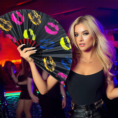 Folding Fan UV Glow Rave Bamboo Hand Fan Carnival Decoration Dancing Party Wedding Night Club Concert Lip Kung Fu Large Lips