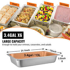 6 Pack Steam Table Pans 20.9 X 12.8 X 3.9 Inch Deep Steam Table Pan Full Size 13L Deep Food Container Stainless Steel Oven Tray Hotel Pans Anti-Jam Steam Table Food Pan
