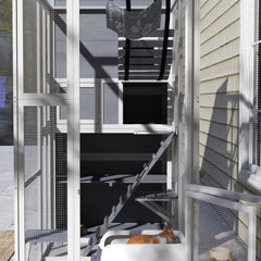Large Wooden Catio Outdoor, Cat Enclosure w/ 4 Tier Resting Rooms, 3 Platforms, 1 Soft Ladder, 2 Ramps, 1 Hammock, Gray