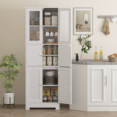 Freestanding Bathroom Cabinet with Glass/Louvred Doors, Tall Bathroom Storage Cabinet with Adjustable Shelf, White