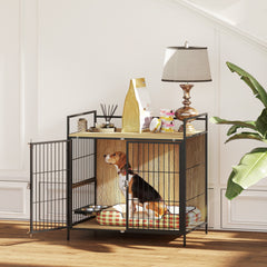 30 Inch Dog Crate Furniture, Indoor Pet Kennel Side Table with Rotatable Bowls, 2 Anti-Escape Doors, for M Dogs, Oak