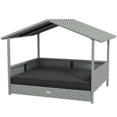 Wicker Dog House Outdoor with Canopy, Rattan Dog Bed with Water-resistant Cushion, Raised Pet Bed for Small, Medium Breeds up to 66 lbs, 20" in Length, Silver Wicker, Gray Cushion