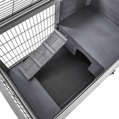 Indoor Rabbit Enclosure, Wooden Elevated Cage Habitat with Enclosed Run with Wheels - Ideal for Rabbits and Guinea Pigs