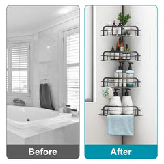 Rust-Resistant Corner Shower Caddy For Bathroom 4 Height Adjustable Shelves With Tension Pole Towel Bar Hanging Hook Floor Standing Bath Storage Rack 8.66-116.14IN