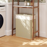 Double Laundry Basket with Lid, 26.4 Gallon Bamboo Laundry Hamper with Rope Handles and Removable Liner, Natural