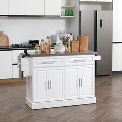 Rolling Kitchen Island Cart with Wheels, Portable Island Table for Kitchen with Stainless Steel Top, Adjustable Shelves, 2 Drawers, Spice, Knife and Towel Rack, White