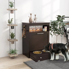 Pet Feeder Station Storage Cabinet, Dog Food Storage Container With Dog Raised Bowls, Watering Supplies, Gray