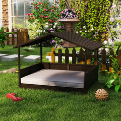 Wicker Dog House Outdoor with Canopy, Rattan Dog Bed with Water-resistant Cushion, Raised Dog Bed for Small, Medium Dogs up to 66 lbs, 19.75" in Length, Brown Wicker, White Cushion