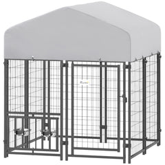 Welded Wire Outdoor Dog Kennel with 360° Rotating & 4 Levels Adjustable Bowls, Waterproof Cover, 3.9' x 3.9' x 4.5'