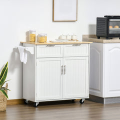 41" Modern Rolling Kitchen Island on Wheels, Utility Cart Storage Trolley with Rubberwood Top & Drawers, White