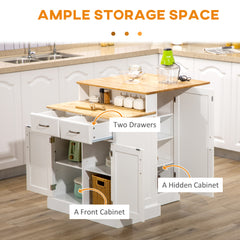 Kitchen Island with 2-Level Rubber Wood Tabletop, Island Table with Adjustable Shelves and Drawers, White
