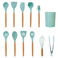 2 Color Options -- Set Of 11Pcs Silicone Cooking Utensil Set Heat Resist Wooden Handle Silicone Spatula Turner Ladle Spaghetti Server Tongs Spoon Egg Kitchenware Set With Holder