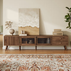 76 Modern Minimal Glass-Doors TV Stand For TVs Up To 85 Inches, Wood-Grain Entertainment Center With Storage Cabinets, TV Media Console Table For Living Room, Bedroom