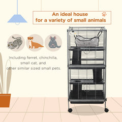 PawHut Metal Small Animal Cage Rolling Big Ferret Cage, Chinchilla Cage, Sugar Glider Cage, With Hammock & 4 Tiers, Removable Tray, Gray