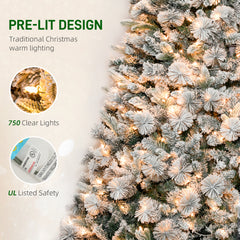 9 ft Prelit Flocked Artificial Christmas Tree with 750 Clear Lights, 2387 Tips, Metal Stand for Home Office Holiday