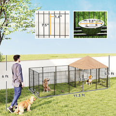 Large Outdoor Dog Kennel with Rotating & Adjustable Height Bowls, Waterproof & UV-Resistant Canopy, 11.3' x 4.7' x 5.1'